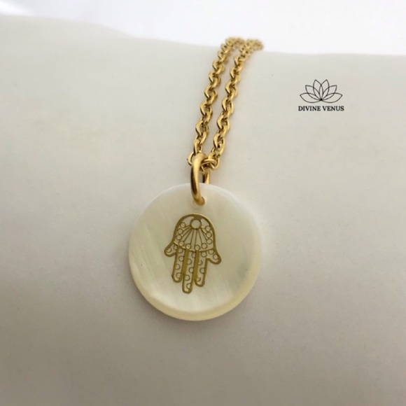 Freshwater Shell Hamsa Necklace | Stainless Steel - Picture 4 of 10